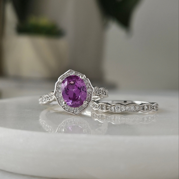 Purple Amethyst gemstone ring set, 925 Sterling Silver - Picture 3 of 9